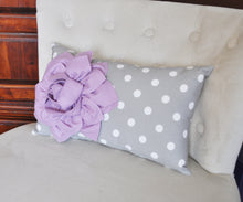 Load image into Gallery viewer, Decorative Lumbar Pillow Lilac Dahlia on Gray and White Polka Dot Lumbar Pillow 9 x 16 - Daisy Manor