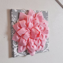 Load image into Gallery viewer, Three Light Pink Dahlia Flowers on Gray and White Damask Canvases - Daisy Manor