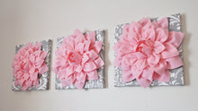 Load image into Gallery viewer, Three Pink Dahlia Flowers on White and Gray Damask Canvases - Daisy Manor