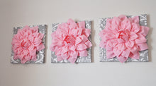 Load image into Gallery viewer, Three Light Pink Dahlia Flowers on Gray and White Damask Canvases - Daisy Manor