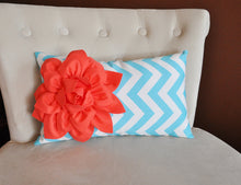 Load image into Gallery viewer, Decorative Nursery Pillow Coral Flower on Aqua Chevron Lumbar Pillow - Daisy Manor