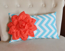 Load image into Gallery viewer, Decorative Nursery Pillow Coral Flower on Aqua Chevron Lumbar Pillow - Daisy Manor