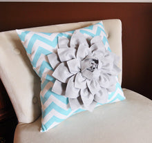 Load image into Gallery viewer, Decorative Pillow Gray Dahlia on Aqua and White Zigzag Pillow -Chevron Pillow- - Daisy Manor