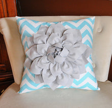 Load image into Gallery viewer, Decorative Pillow Gray Dahlia on Aqua and White Zigzag Pillow -Chevron Pillow- - Daisy Manor