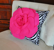 Load image into Gallery viewer, Hot Pink Rose on Zebra Pillow 14x14 - Daisy Manor
