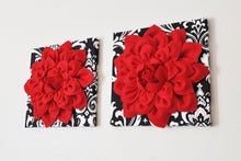 Load image into Gallery viewer, Wall Hanging Set - Red Dahlia Flowers On Black And White Damask Print 12 x 12 " Canvas Wall Art - Baby Nursery Wall Decor - - Daisy Manor