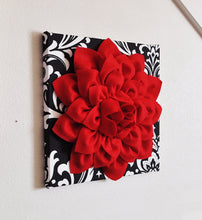 Load image into Gallery viewer, Wall Hanging Set - Red Dahlia Flowers On Black And White Damask Print 12 x 12 " Canvas Wall Art - Baby Nursery Wall Decor - - Daisy Manor