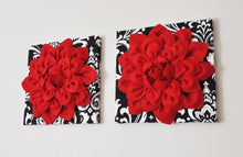 Load image into Gallery viewer, Three Red Dahlia Flowers on Black and White Damask Print Canvases - Daisy Manor