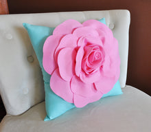 Load image into Gallery viewer, Throw Pillow Pink Rose on Bright Aqua Pillow 16 x 16 - Daisy Manor