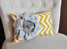 Load image into Gallery viewer, Decorative Lumbar Pillow Mustard Dahlia on Storm Gray and White Chevron Lumbar Pillow - Daisy Manor