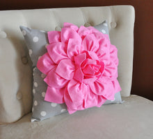 Load image into Gallery viewer, Pink Dahlia on Gray and White Polka Dot Pillow -Baby Nursery Pillow- Toss Pillow Decorative Pillow - Daisy Manor