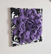 Load image into Gallery viewer, Two Flower Wall Hangings-Lavender Dahlia Flowers on Black and White Damask Print 12 x12" Canvas Wall Art- Baby Nursery Wall - Daisy Manor
