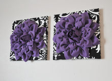 Load image into Gallery viewer, Two Flower Wall Hangings-Lavender Dahlia Flowers on Black and White Damask Print 12 x12" Canvas Wall Art- Baby Nursery Wall - Daisy Manor