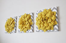 Load image into Gallery viewer, Three Mellow Yellow Dahlia On Gray And White Chevron Canvases - Daisy Manor