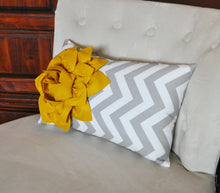 Load image into Gallery viewer, Decorative Lumbar Pillow Mustard Dahlia on Storm Gray and White Chevron Lumbar Pillow - Daisy Manor
