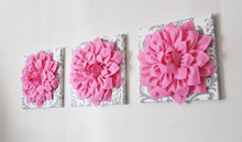 Load image into Gallery viewer, Three Pink Dahlia Flowers on White and Gray Damask Canvases - Daisy Manor
