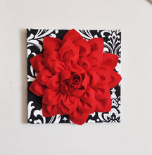 Load image into Gallery viewer, Three Red Dahlia Flowers on Black and White Damask Print Canvases - Daisy Manor