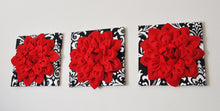 Load image into Gallery viewer, Three Red Dahlia Flowers on Black and White Damask Print Canvases - Daisy Manor