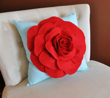 Load image into Gallery viewer, Throw Pillow, Red Rose on Light Aqua Pillow Baby Nursery Decor - Daisy Manor