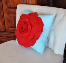 Load image into Gallery viewer, Throw Pillow, Red Rose on Light Aqua Pillow Baby Nursery Decor - Daisy Manor