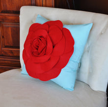 Load image into Gallery viewer, Throw Pillow, Red Rose on Light Aqua Pillow Baby Nursery Decor - Daisy Manor