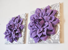 Load image into Gallery viewer, Two Flower Wall Hangings -Lavender Purple Dahlias on Gray and White Damask 12 x12" Canvas Wall Art- Baby Nursery Wall Decor - Daisy Manor