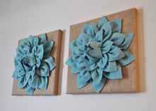 Load image into Gallery viewer, Two Wall Canvases -Dusty Blue Dahlia Flowers on Burlap 12 x12" Canvas Wall Art- Rustic Home Decor- - Daisy Manor