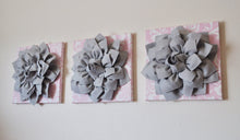 Load image into Gallery viewer, Three Gray Dahlias on Light Pink Damask Canvases - Daisy Manor