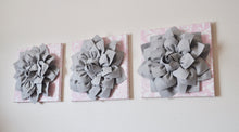 Load image into Gallery viewer, Three Gray Dahlias on Light Pink Damask Canvases - Daisy Manor