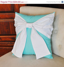 Load image into Gallery viewer, Throw Pillow Set White Bow on Bright Aqua Pillow and Bright Aqua Bow on White Pillow 14x14 -Aqua Blue Pillow- - Daisy Manor