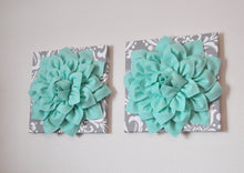 Load image into Gallery viewer, TWO Mint Green Dahlia on Gray and White Damask Canvases Wall Art - Daisy Manor