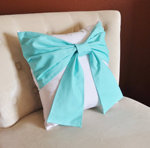 Load image into Gallery viewer, Throw Pillow Set White Bow on Bright Aqua Pillow and Bright Aqua Bow on White Pillow 14x14 -Aqua Blue Pillow- - Daisy Manor