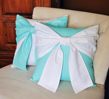 Load image into Gallery viewer, Throw Pillow Set White Bow on Bright Aqua Pillow and Bright Aqua Bow on White Pillow 14x14 -Aqua Blue Pillow- - Daisy Manor