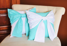 Load image into Gallery viewer, Throw Pillow Set White Bow on Bright Aqua Pillow and Bright Aqua Bow on White Pillow 14x14 -Aqua Blue Pillow- - Daisy Manor