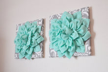Load image into Gallery viewer, TWO Mint Green Dahlia on Gray and White Damask Canvases Wall Art - Daisy Manor