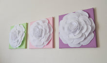 Load image into Gallery viewer, Three White Roses on Light Pink Lilac Light Green Canvases - Daisy Manor