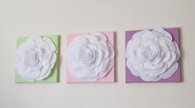 Load image into Gallery viewer, Three White Roses on Light Pink Lilac Light Green Canvases - Daisy Manor