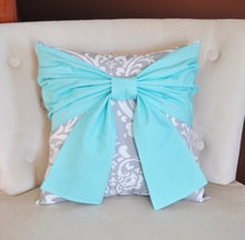Load image into Gallery viewer, Aqua and Gray Throw Pillows Bow Tie Pillow - Daisy Manor