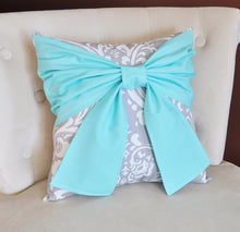 Load image into Gallery viewer, Throw Pillow Set Bright Aqua Bow on Gray and White Damask Pillows 14x14 -Aqua Blue Pillow- Baby Nursery Decor- - Daisy Manor