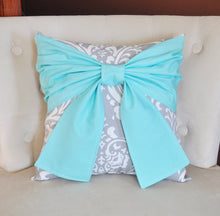Load image into Gallery viewer, Aqua and Gray Throw Pillows Bow Tie Pillow - Daisy Manor