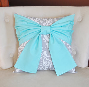 Aqua and Gray Throw Pillows Bow Tie Pillow - Daisy Manor