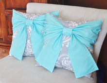 Load image into Gallery viewer, Throw Pillow Set Bright Aqua Bow on Gray and White Damask Pillows 14x14 -Aqua Blue Pillow- Baby Nursery Decor- - Daisy Manor