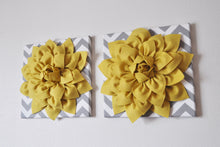 Load image into Gallery viewer, Two Wall Flowers -Mellow Yellow Dahlia on Gray and White Chevron 12 x12" Canvas Wall Art- 3D Felt Flower - Daisy Manor