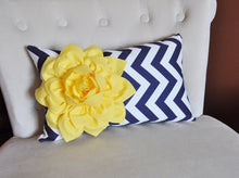 Load image into Gallery viewer, Decorative Pillow Yellow Dahlia on Navy and White Zig Zag Chevron Lumbar Pillow 9 x 16 - Daisy Manor