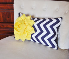 Load image into Gallery viewer, Decorative Pillow Yellow Dahlia on Navy and White Zig Zag Chevron Lumbar Pillow 9 x 16 - Daisy Manor