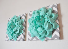 Load image into Gallery viewer, Two Wall Flowers -Mint Dahlia Flowers on Gray and White Chevron 12 x12&quot; Canvas Wall Art- Baby Nursery Wall Decor- - Daisy Manor
