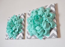 Load image into Gallery viewer, Two Wall Flowers -Mint Dahlia Flowers on Gray and White Chevron 12 x12" Canvas Wall Art- Baby Nursery Wall Decor- - Daisy Manor