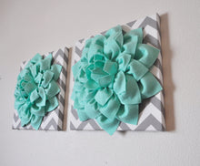 Load image into Gallery viewer, Four Wall Flowers -Mint Dahlia Flowers on Gray and White Chevron 12 x12" Canvas Wall Art- Baby Nursery Wall Decor- - Daisy Manor