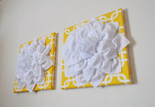 Load image into Gallery viewer, Two Flower Hangings -White Dahlias on Yellow Gotcha Print - 12 x12" Canvases Wall Art- Geometric Wall Decor- - Daisy Manor