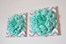 Load image into Gallery viewer, Four Wall Flowers -Mint Dahlia Flowers on Gray and White Chevron 12 x12" Canvas Wall Art- Baby Nursery Wall Decor- - Daisy Manor